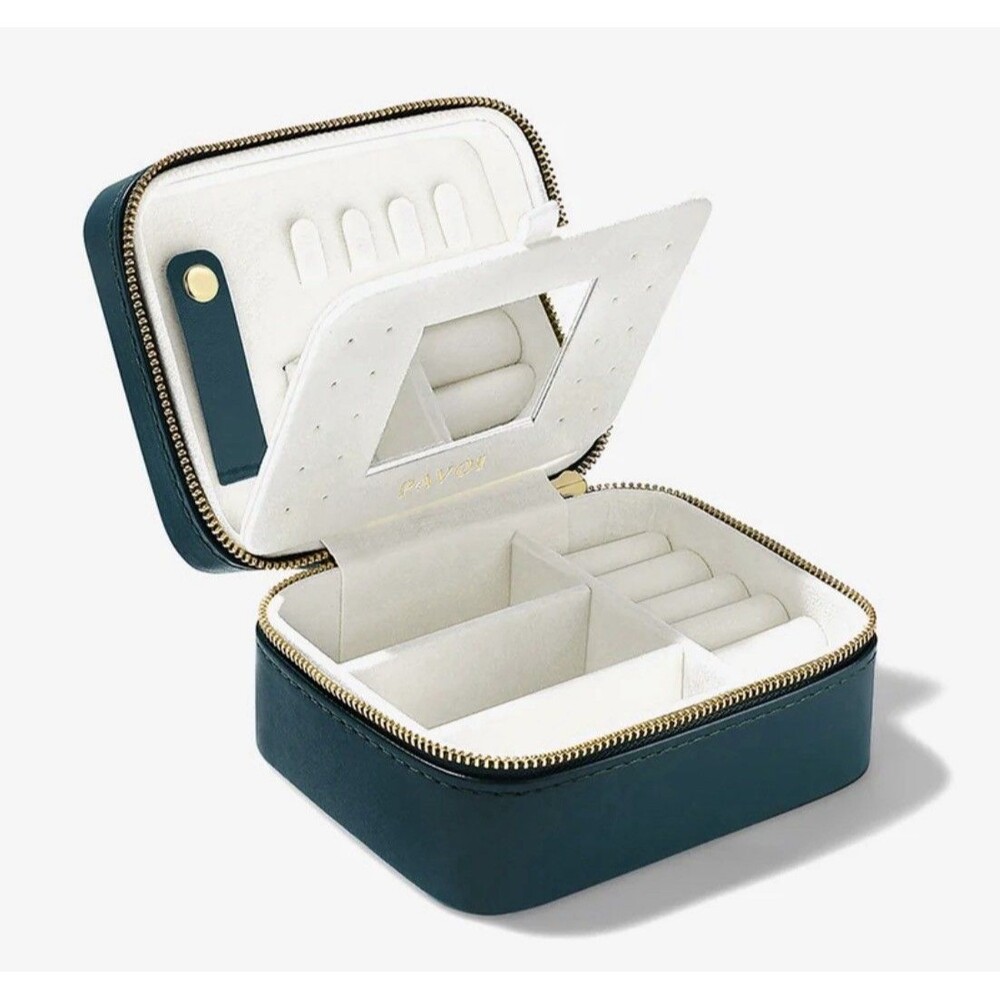 PAVOI Faux Leather Zippered Mirror Travel Jewelry Box In Emerald Green New